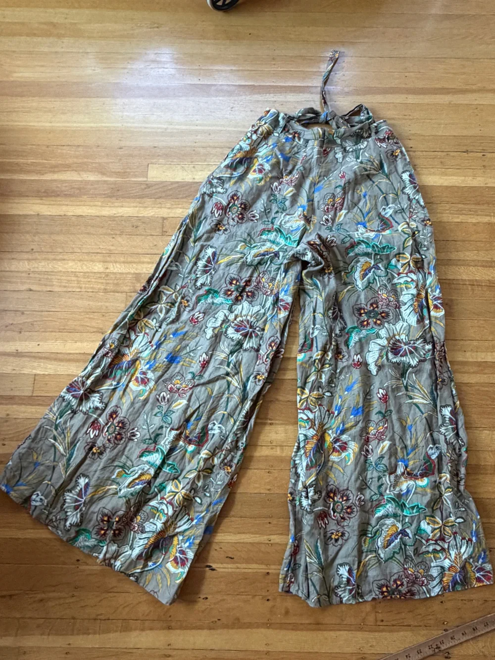 Banana Republic 100% Linen floral wide leg palazzo pants 12L 12 long khaki tan L
